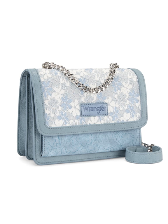 Wrangler Purses for Women Floral Tooled Crossbody Bag Flap Purse with Chain Strap, Jean