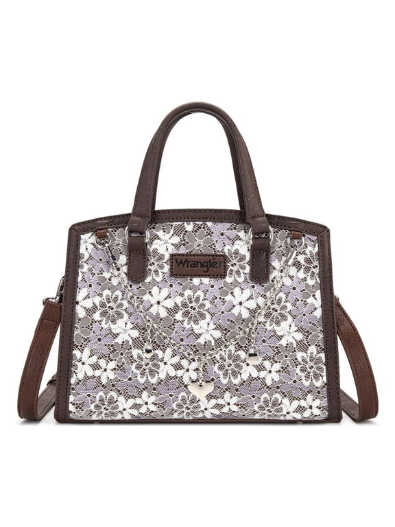 Wrangler Lace Tote Bag for Women, Medium Crossbody Top Handle Handbags Ladies Satchel Elegant Purse Charms for Wedding Gift, Coffee