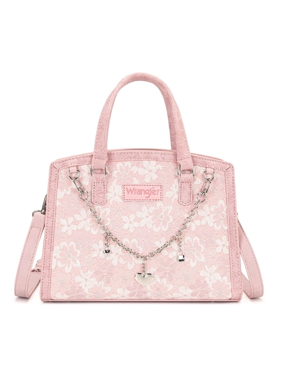 Wrangler Lace Tote Bag for Women, Medium Crossbody Top Handle Handbags Ladies Satchel Elegant Purse Charms for Wedding Gift, Pink