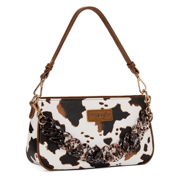 Wrangler Small Shoulder Bag Cheetah Print Clutch Purse Hobo Handbag with Acrylic Strap, Cow Brown