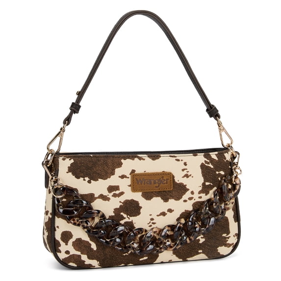 Wrangler Small Shoulder Bag Cheetah Print Clutch Purse Hobo Handbag with Acrylic Strap, Cow Coffee