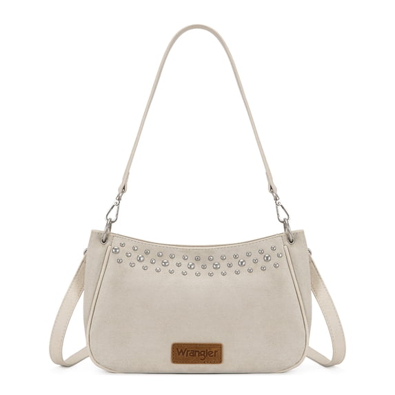 Wrangler Women Studded Hobo Crossbody Purse Western Suede Shoulder Bag with Adjustable Detachable Strap, Beige