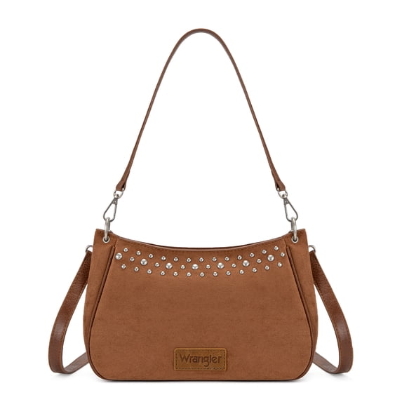 Wrangler Women Studded Hobo Crossbody Purse Western Suede Shoulder Bag with Adjustable Detachable Strap, Brown