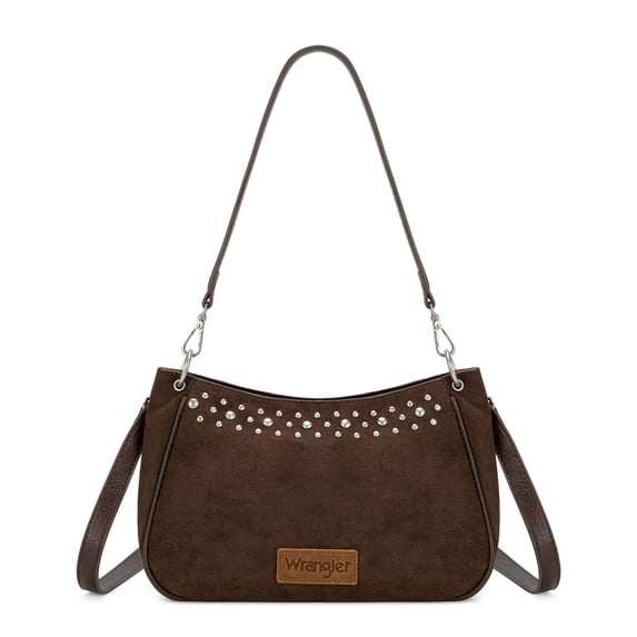 Wrangler Women Studded Hobo Crossbody Purse Western Suede Shoulder Bag with Adjustable Detachable Strap, Coffee