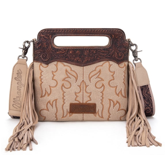 Wrangler Top Handle Bag for Women Embroidered Fringe Western Crossbody Purse, Tan