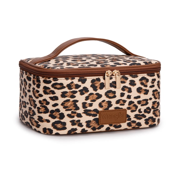 Wrangler Travel Makeup Bag 2pcs Set Large Cosmetic Bag with Makeup Brush Holder Portable Make Up Organizer, Leopard-Khaki