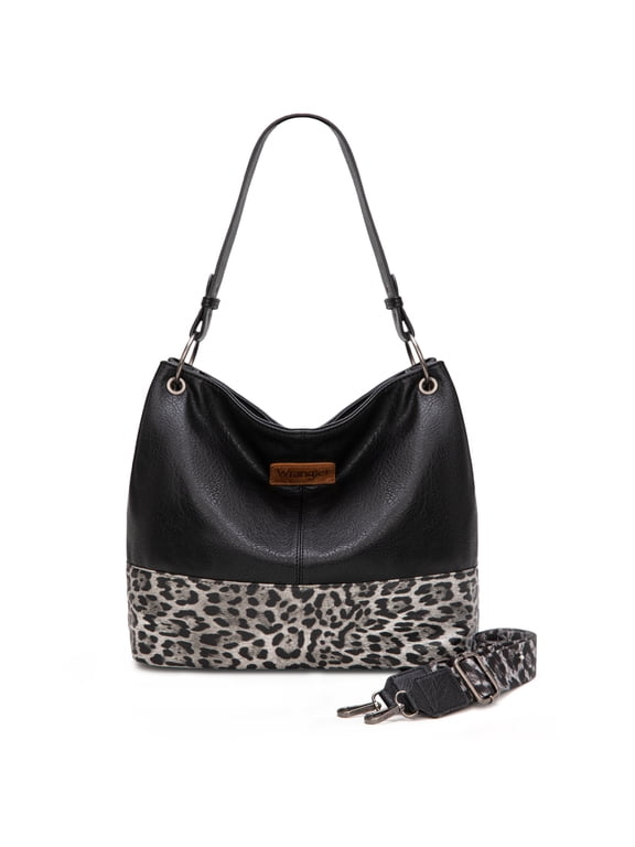 Wrangler Hobo Bags for Women Vegan Leather Top Handle Shoulder Purses and Handbags, Leopard Black