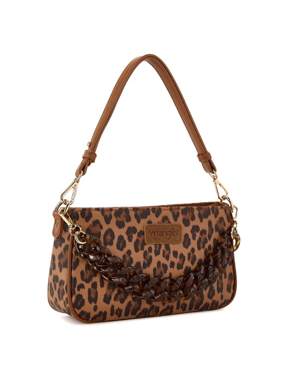 Wrangler Small Shoulder Bag Cheetah Print Clutch Purse Hobo Handbag with Acrylic Strap, Brown