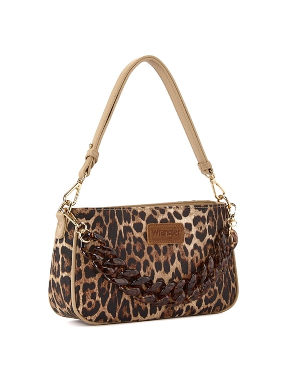Wrangler Small Shoulder Bag Cheetah Print Clutch Purse Hobo Handbag with Acrylic Strap, Leopard
