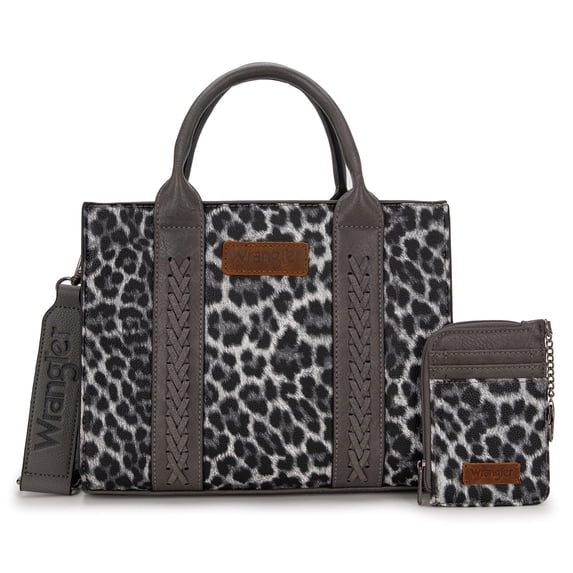 Wrangler Purse Medium Tote Bags for Women with Card Holder Wallet Designer Satchel Top-handle Handbags, Leopard-Light Grey