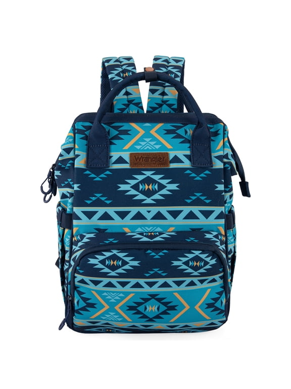 Wrangler Aztec Travel Backpack Baby Bag for Women with Stroller Strap and Side Bottle Pockets Organized Diaper Bag, Navy