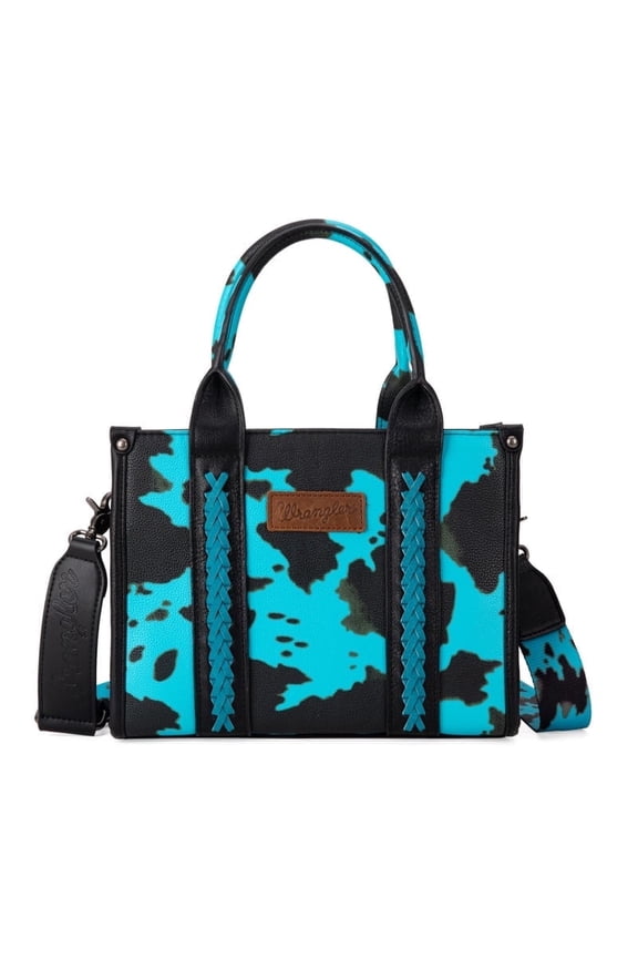 Wrangler Cow Print Tote Bag for Women Western Purse Boho Top Handle Satchel Handbag with Signature Strap, Cow-Turquoise