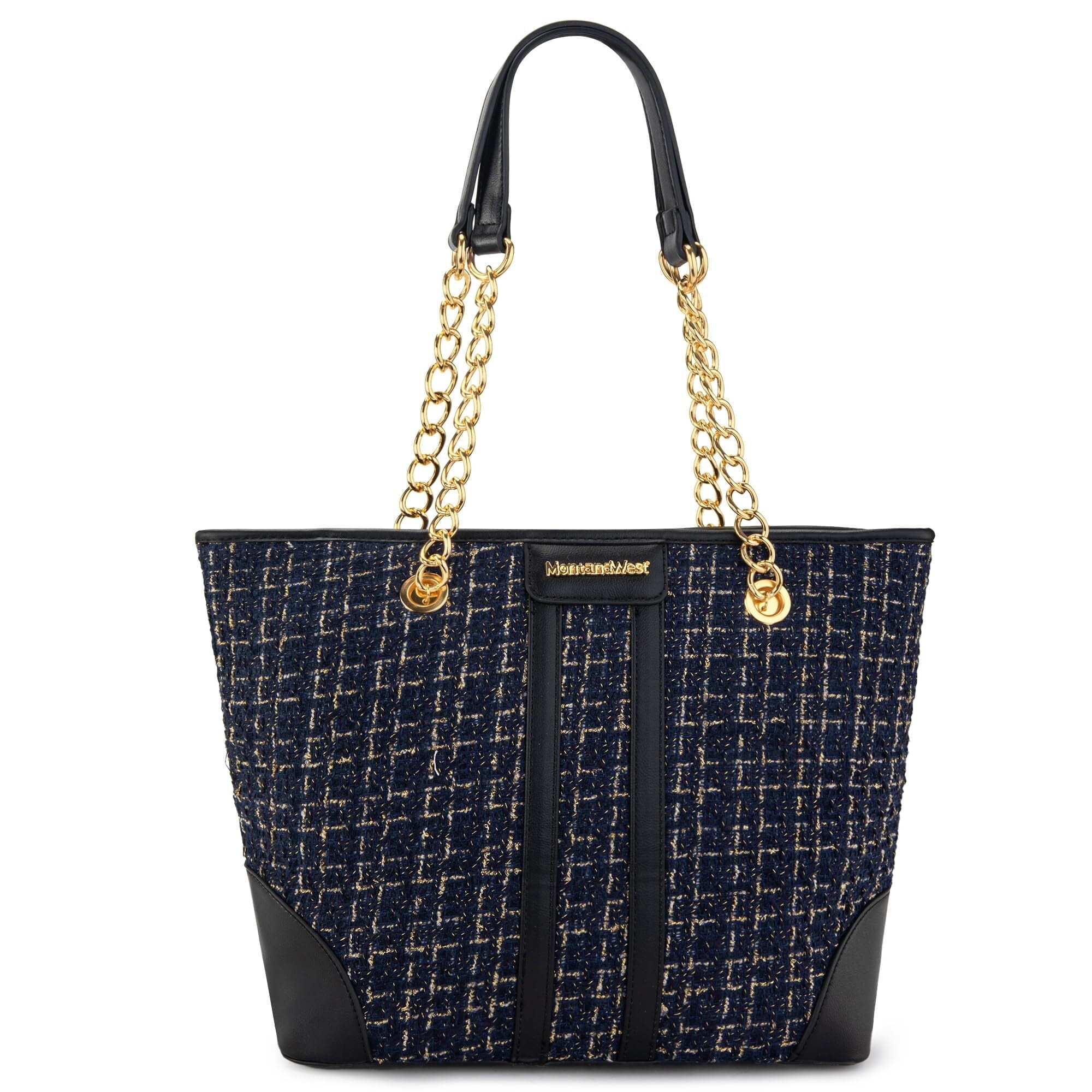Montana West MEDIUM Tote Bag for Women Quilted Chain Handbags Shoulder Purse, Dark Black