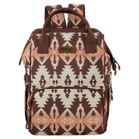 Wrangler Aztec Travel Backpack Baby Bag for Women with Stroller Strap and Side Bottle Pockets Organized Diaper Bag, Brown