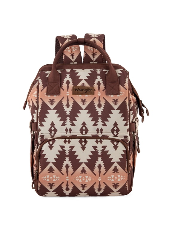 Wrangler Aztec Travel Backpack Baby Bag for Women with Stroller Strap and Side Bottle Pockets Organized Diaper Bag, Brown