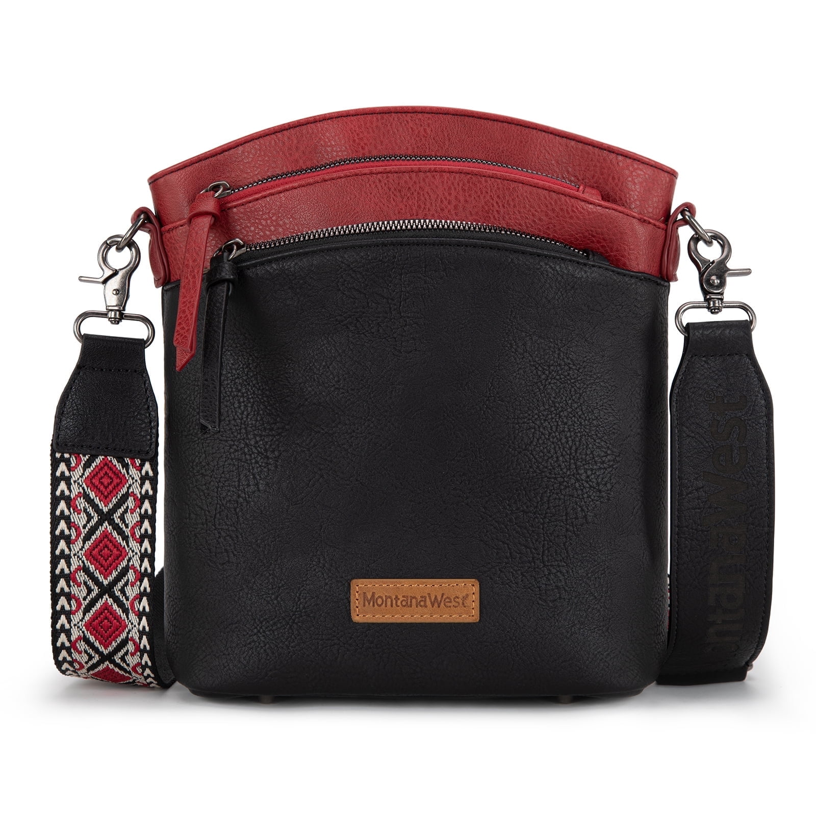 Montana West Multi Zip Pocket Large Crossbody Bag With Guitar Strap, Brown/Red