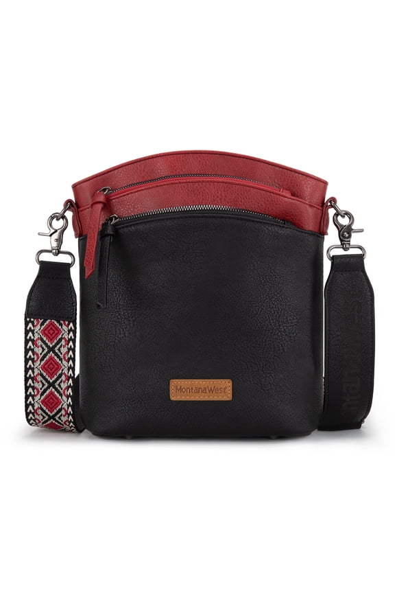 Multi Zip Pocket Large Crossbody Bag With Guitar Strap, Brown/Red