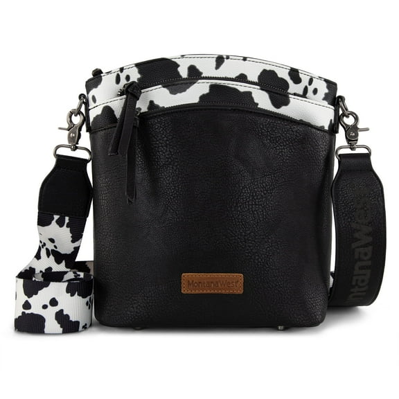 Montana West Crossbody Purses and Handbags for Women Double Compartments Cross Body Bag with Adjustable Strap, Top Cow-Black
