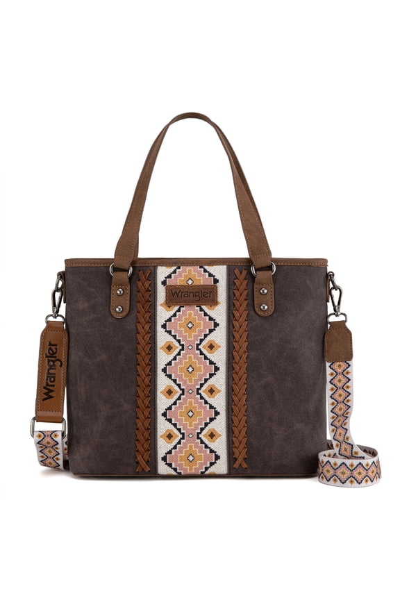 Wrangler Weatern Tote Bag for Women Medium Sized Aztec Handbags with Crossbody Strap, Coffee-white