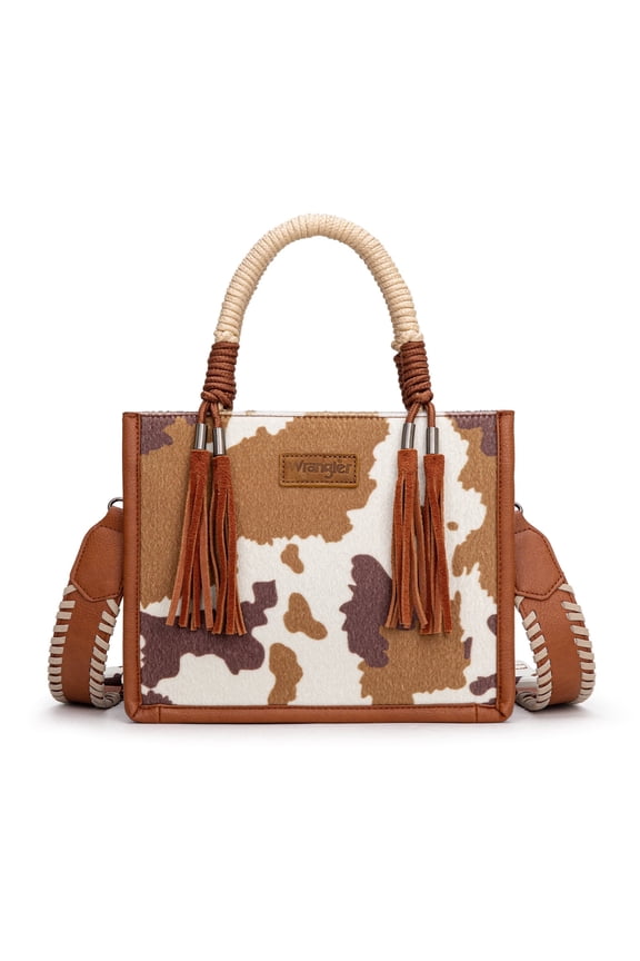 Wrangler Tote Bag Cow Print Western Satchel Bags for Women with Braided Rope Handle, Brown