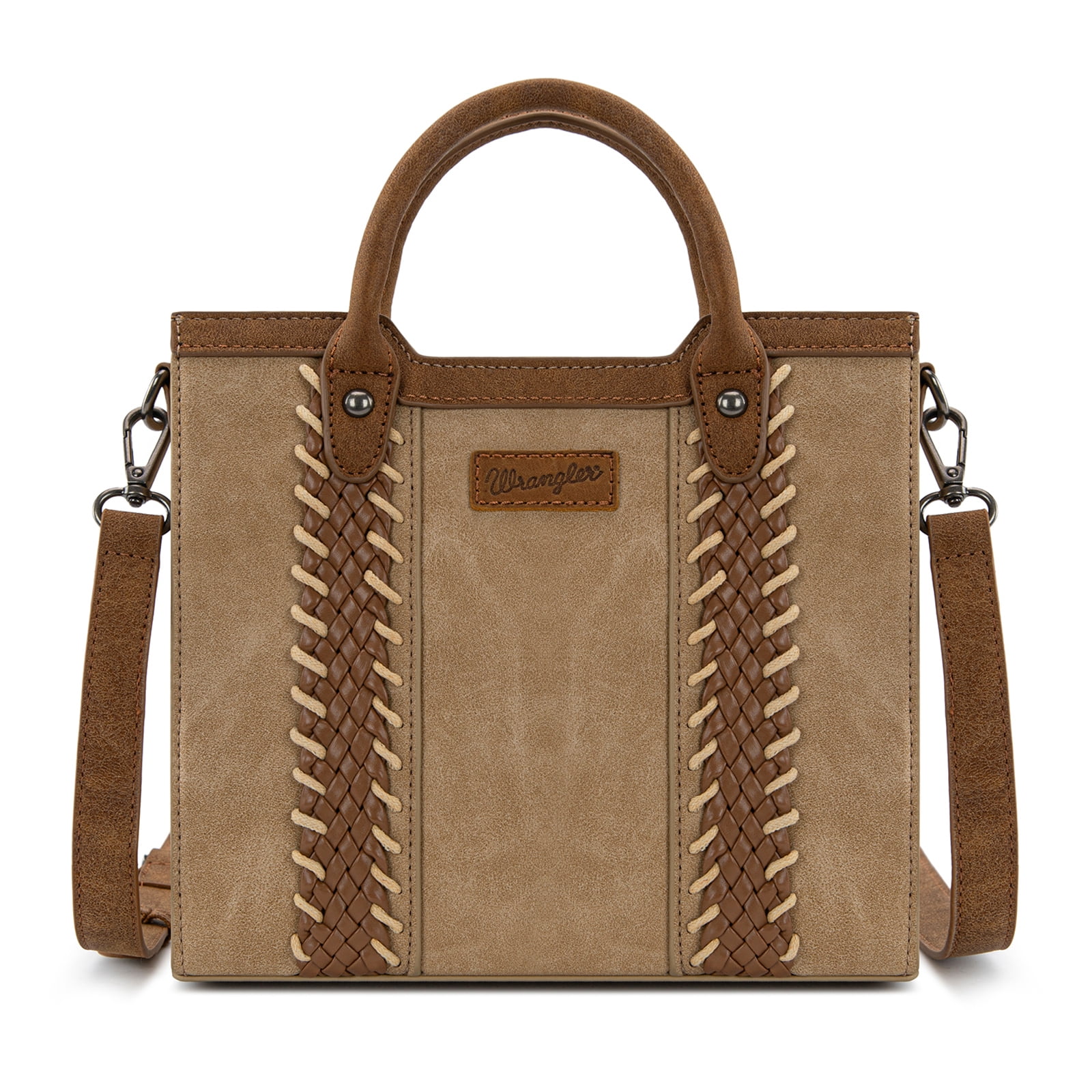 Wrangler Womens Braided Tote Bag Western Style Suede Top Handle Handbag With Detachable Crossbody Strap, Tan
