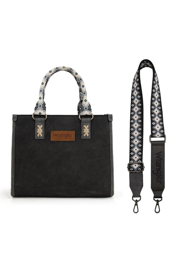 Wrangler Tote Bag for Women Western Retro Purse Top Handle Handbags with Aztec Strap, Black