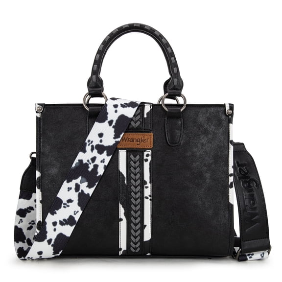 Wrangler Cow Print Tote Bag for Women Western Purse Boho Top Handle Satchel Handbag, Cow-Black
