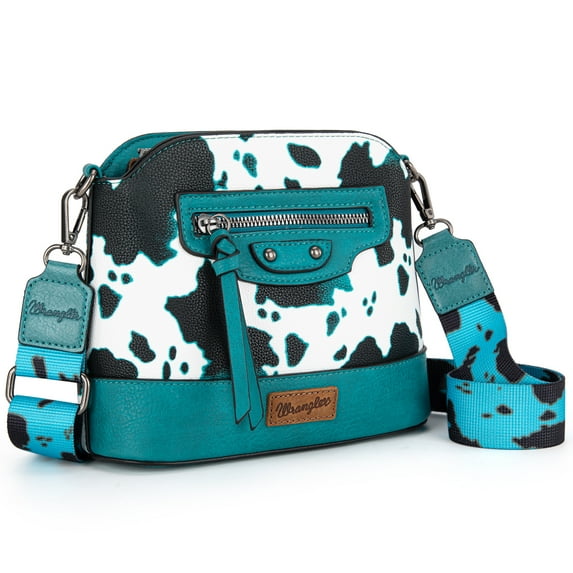 Wrangler Cow Print Crossbody Bag for Women Western Cross Body Purse with Signature Strap, Light Turquoise