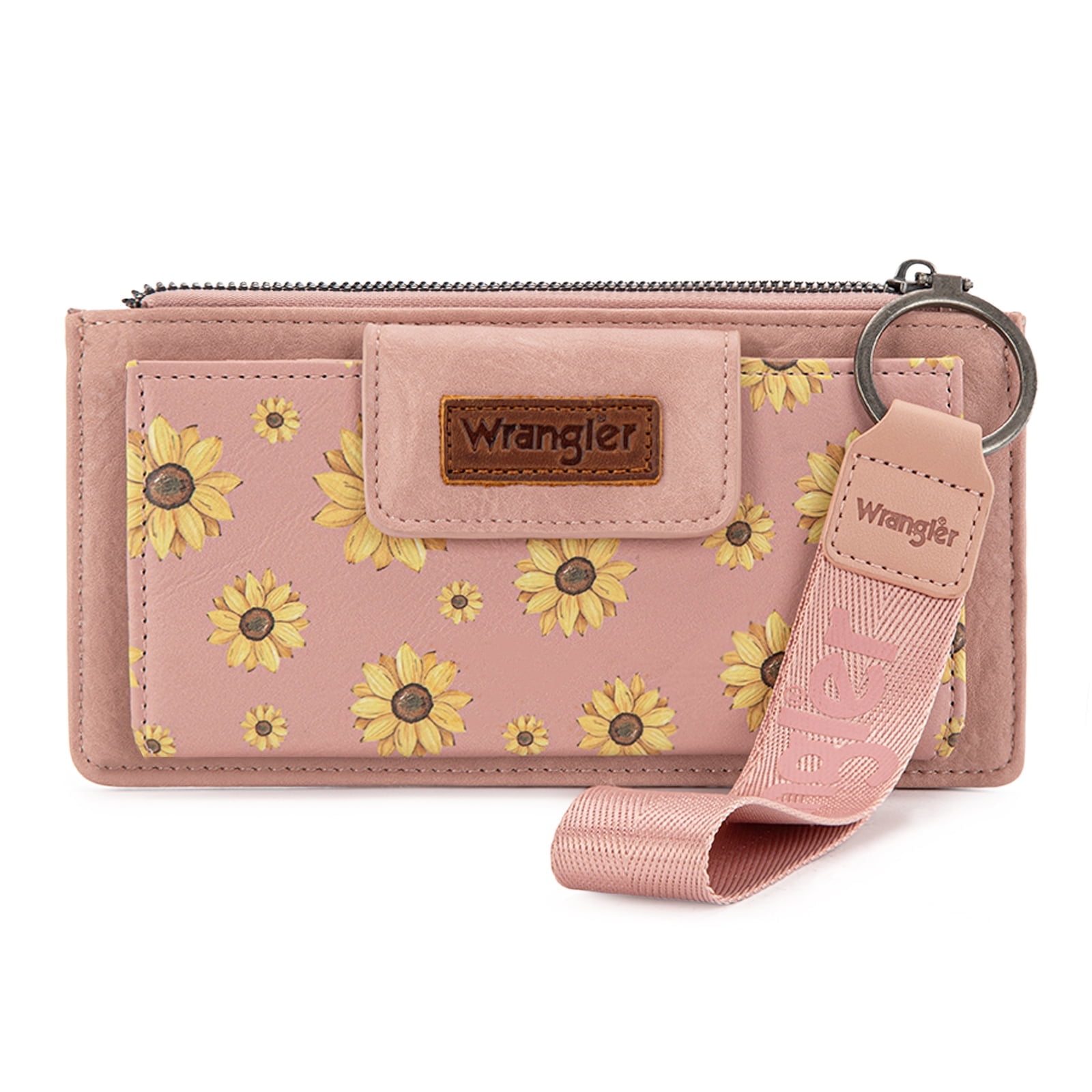 Wrangler Wallet for Women Floral Wristlet Wallets Ladies Female Large Clutch Wallets with Coin Purse and Rfid Lining, Dark Pink