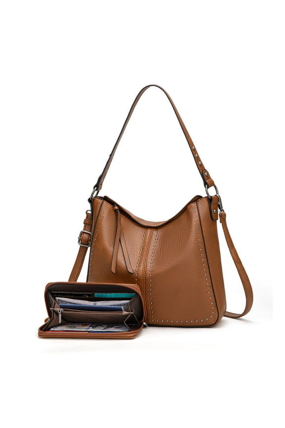 Purse and Wallet 2Pcs Set Hobo Crossbody Bag for Women Shoulder Handbags with Adjustable Strap, Brown