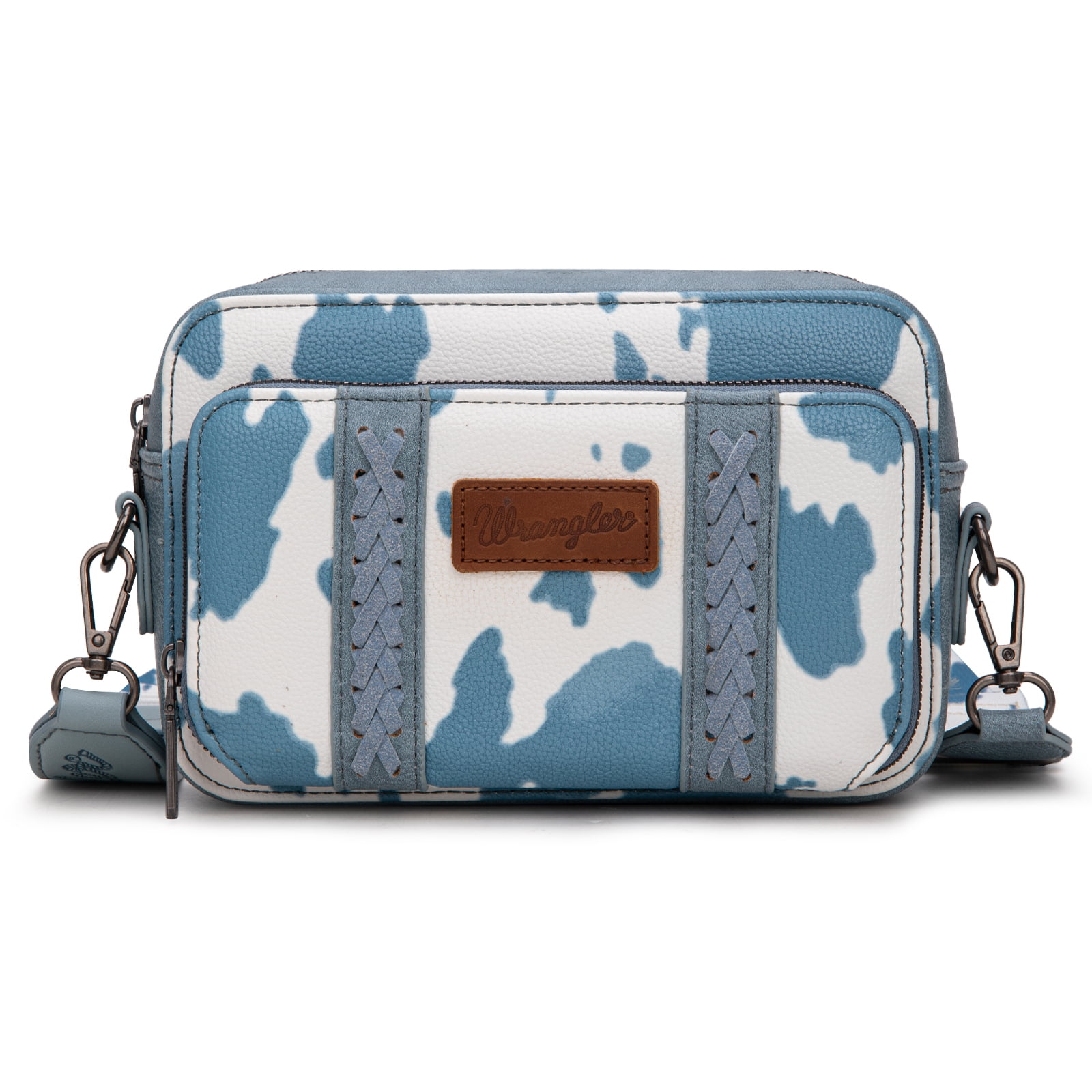 Wrangler Cow Print Crossbody Bag for Women Western Cowgirl Crossbody Purses with Guitar Strap, Light Blue
