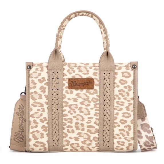 Wrangler Leopard Print Tote Bag for Women Western Purse Boho Top Handle Satchel Handbag with Signature Strap, Leopard-Khaki