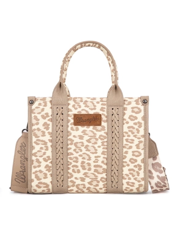 Wrangler Leopard Print Tote Bag for Women Western Purse Boho Top Handle Satchel Handbag with Signature Strap, Leopard-Khaki