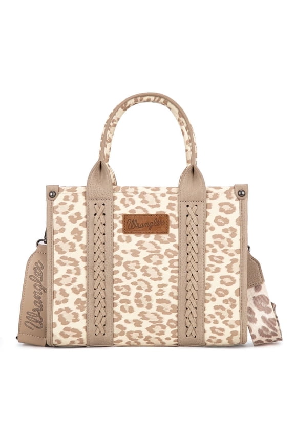 Wrangler Leopard Print Tote Bag for Women Western Purse Boho Top Handle Satchel Handbag with Signature Strap, Leopard-Khaki