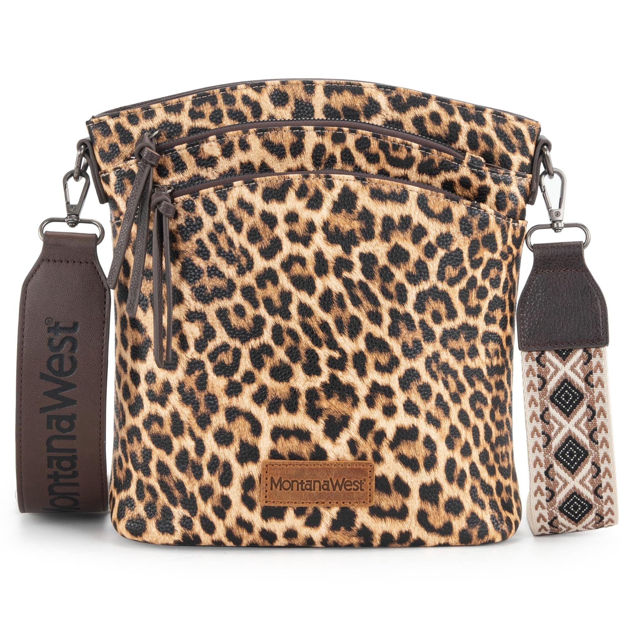 Montana West Multi Zip Pocket Large Crossbody Bag With Guitar Strap, C-Leopard