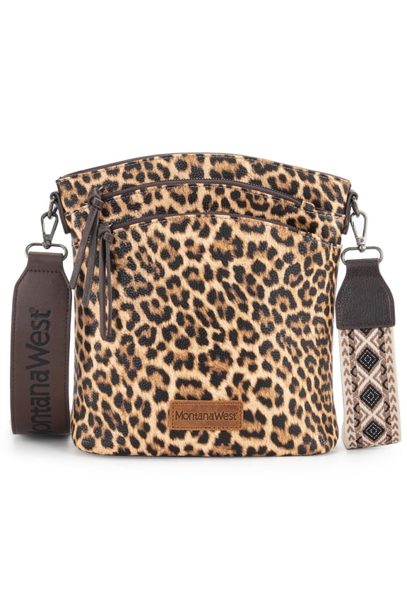 Multi Zip Pocket Large Crossbody Bag With Guitar Strap, C-Leopard