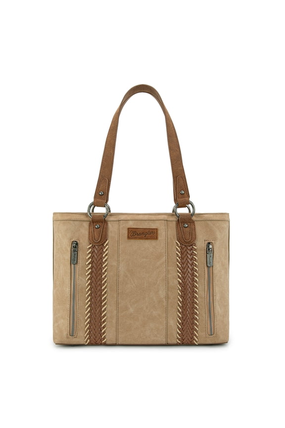 Wrangler Distressed Tote Bag for Women Western Purse Multi Pockets Handbags and Shoulder Bag, Tan