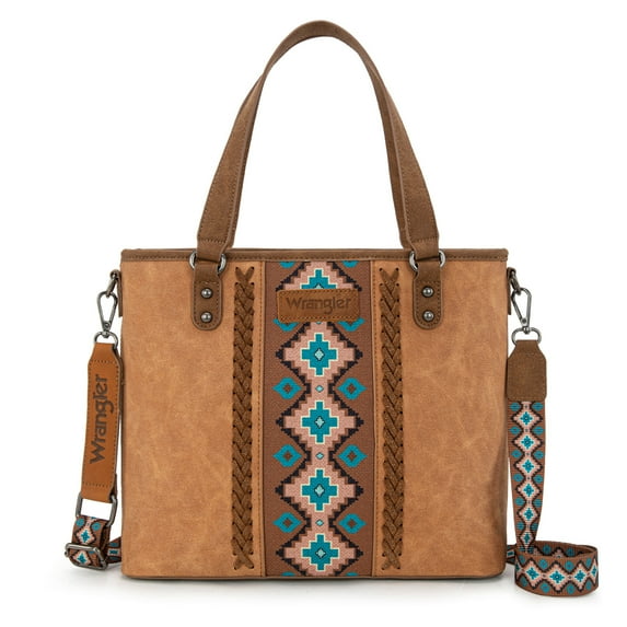 Wrangler Weatern Tote Bag for Women Medium Sized Aztec Handbags with Crossbody Strap, Brown