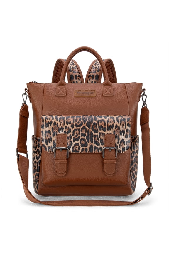 Wrangler Backpack Purse for Women Medium Size Convertible Backpack with Crossbody Strap for Travel Work, Leopard-Brown
