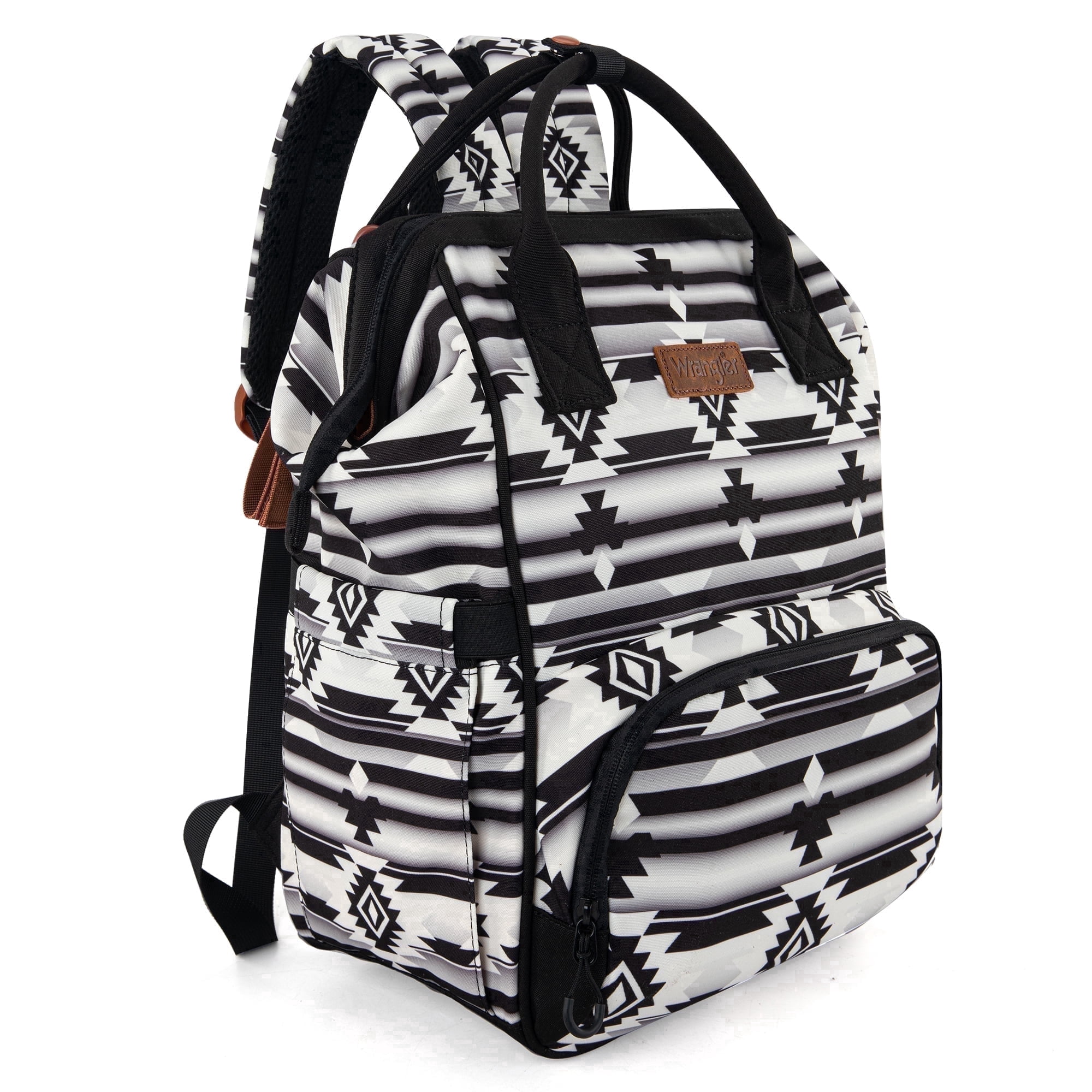 Wrangler Aztec Travel Backpack Baby Bag for Women with Stroller Strap and Side Bottle Pockets Organized Diaper Bag, Black