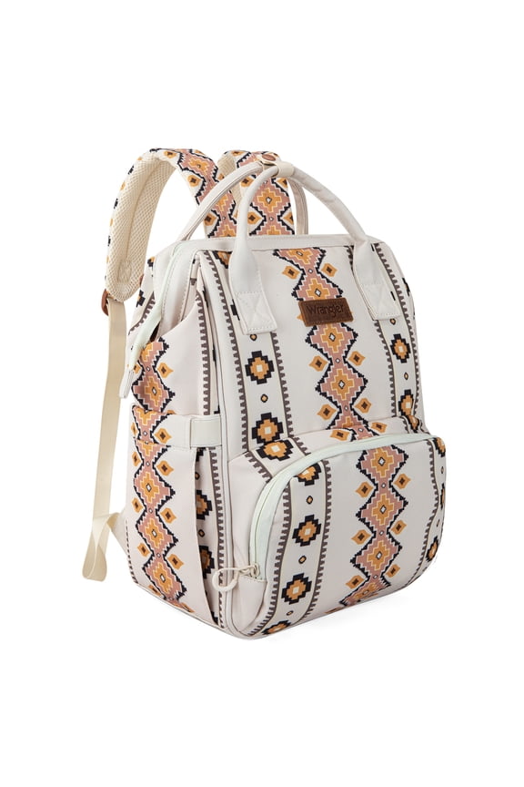 Wrangler Aztec Travel Backpack Baby Bag for Women with Stroller Strap and Side Bottle Pockets Organized Diaper Bag, Tan