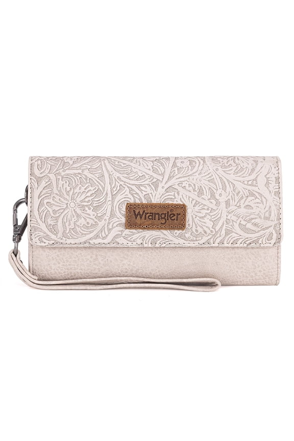 Wrangler Western Wallets for Women Trifold Wristlet Wallets Large Capacity Women Clutch Wallet with Coin Purse, Beige
