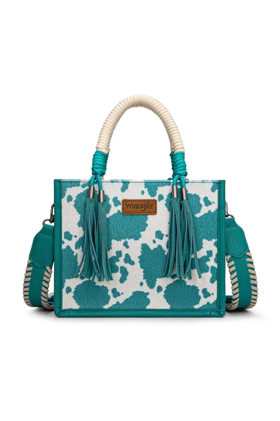 Wrangler Tote Bag Cow Print Western Satchel Bags for Women with Braided Rope Handle, Turquoise