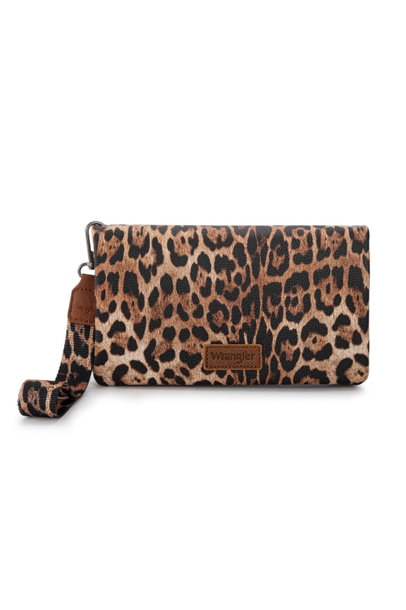 Wrangler Womens Wristlet Wallet RFID Blocking Bifold Clutch Credit Card Holder Purse with Crossbody Strap, Leopard-Brown