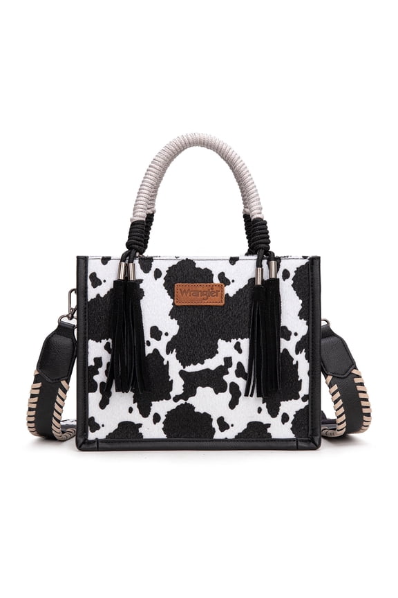 Wrangler Tote Bag Cow Print Western Satchel Bags for Women with Braided Rope Handle, Black