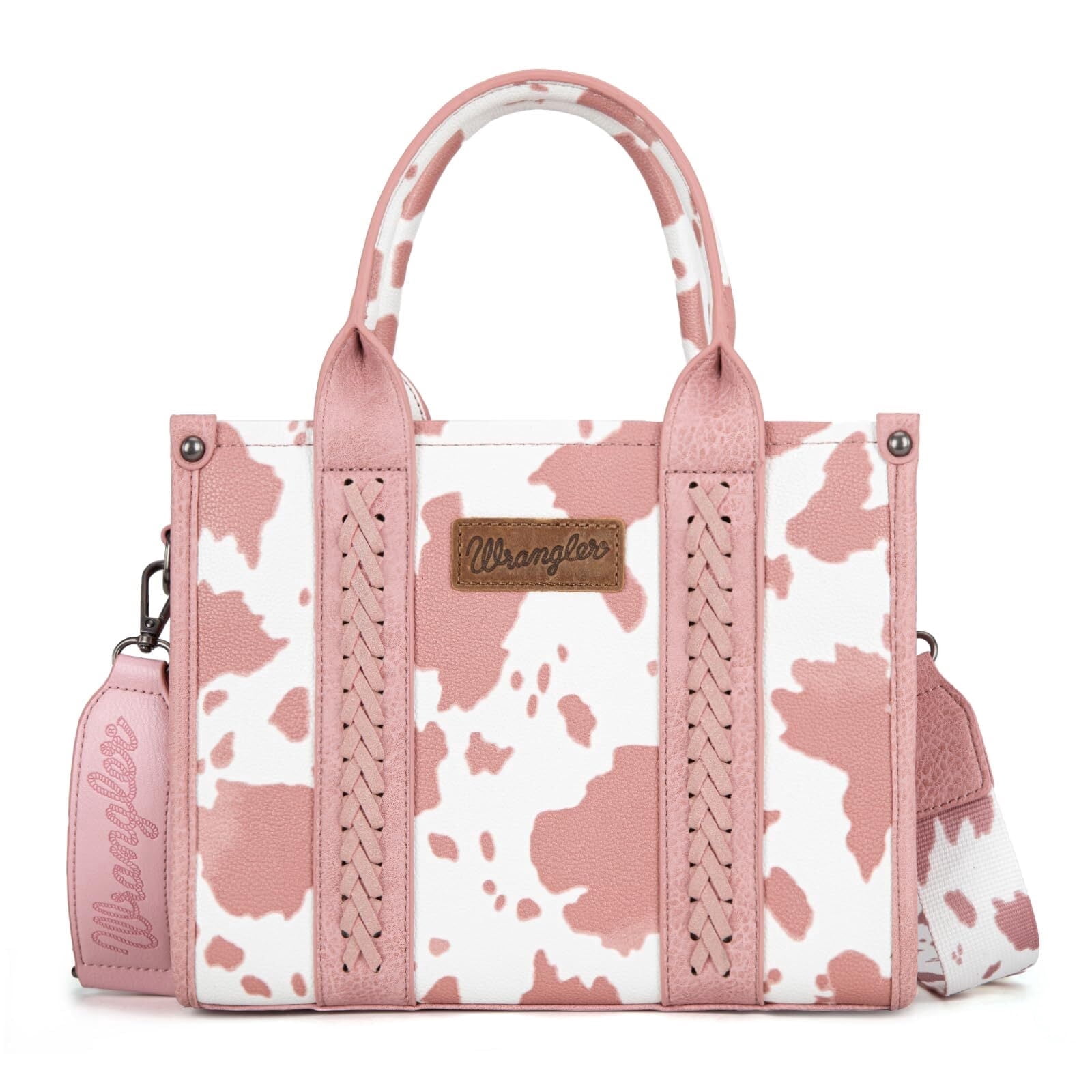 Wrangler Cow Print Tote Bag for Women Western Purse Boho Top Handle Satchel Handbag with Signature Strap, Cow-Light Pink