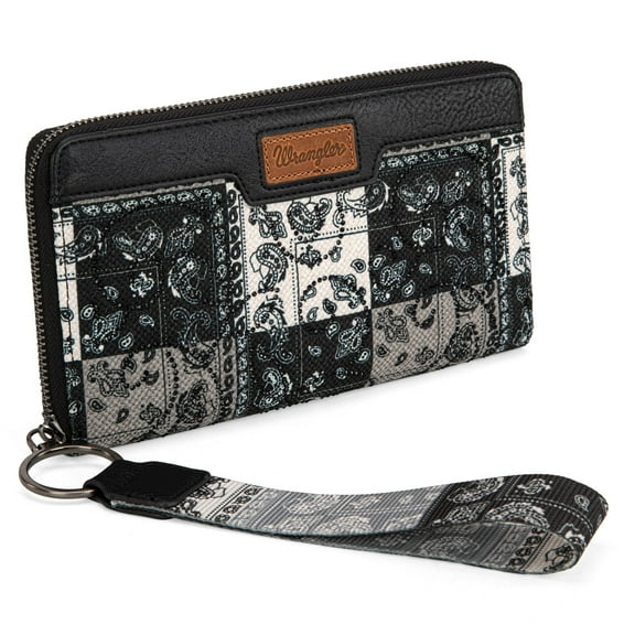 Wrangler Wristlet Wallets for Women, Designer Shimmer Western Wallets, Bifold Zipper Wallet, Black