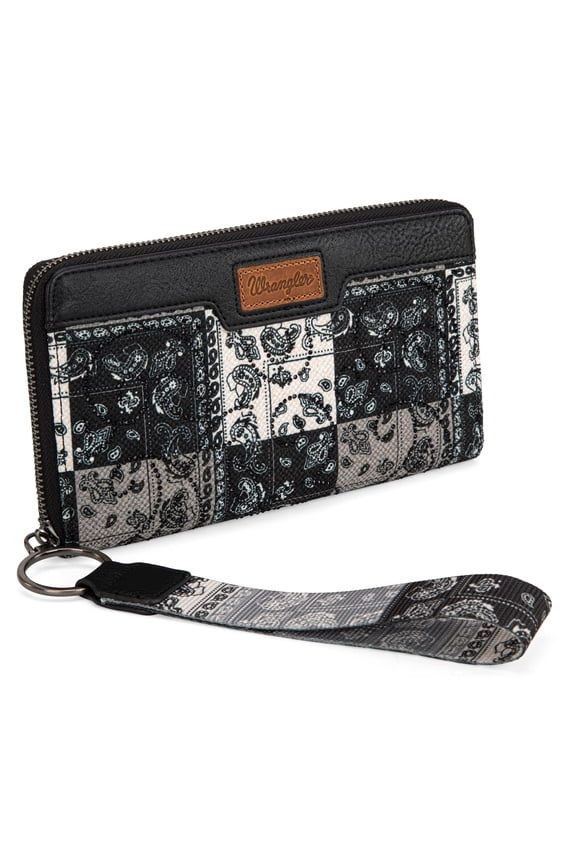 Wrangler Wristlet Wallets for Women, Designer Shimmer Western Wallets, Bifold Zipper Wallet, Black