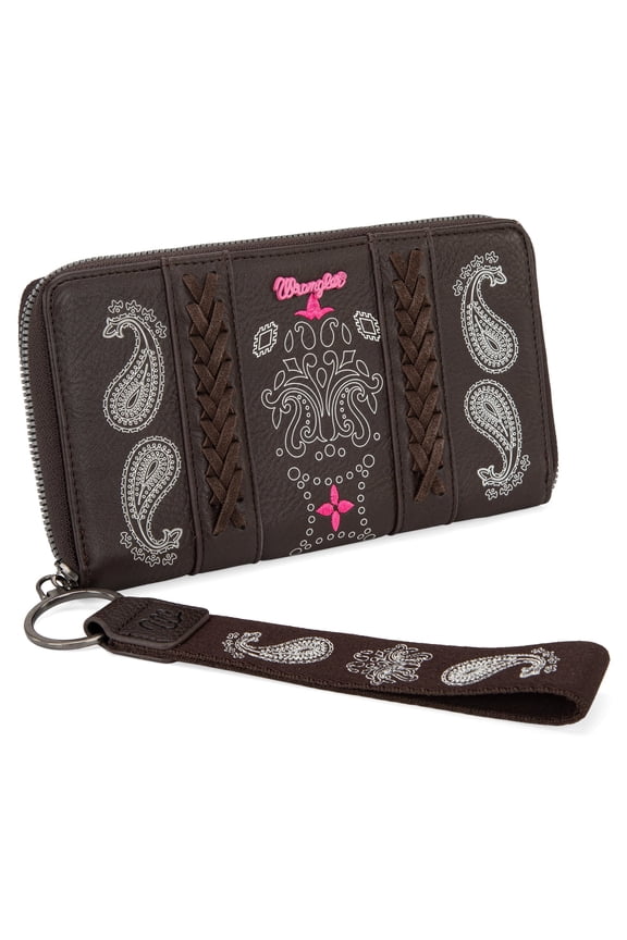 Wrangler Wristlet Wallet for Women, Vegan Leather Checkbook Wallet, RFID Paisley Designer Woman Wallet, Coffee