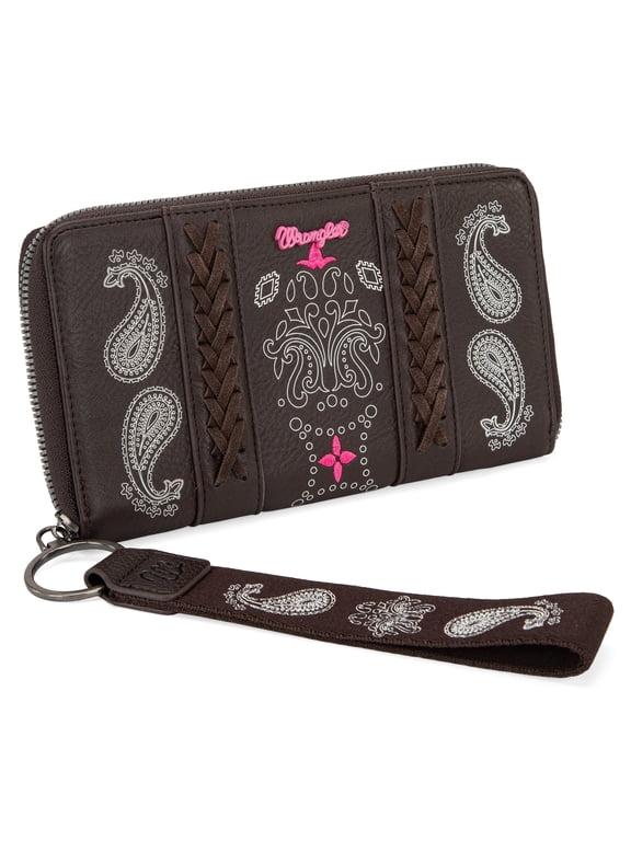 Wrangler Wristlet Wallet for Women, Vegan Leather Checkbook Wallet, RFID Paisley Designer Woman Wallet, Coffee